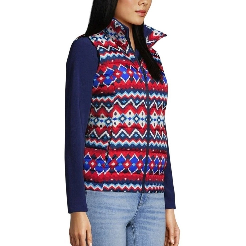 Lands' End Down Puffer Vest Women Sz Large Fair Isle Chevron Aztec Cozy Outdoors - Picture 5 of 15